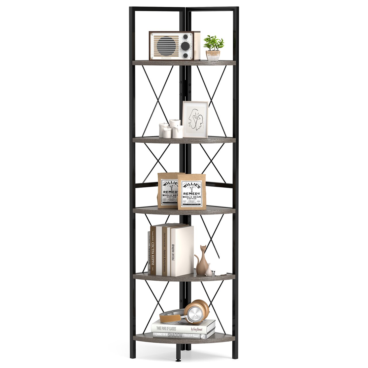 Oak-Black Multi-Purpose 5-Tier Corner Shelf with Metal Frame 63" Tall Space-Saving Bookshelf for Home